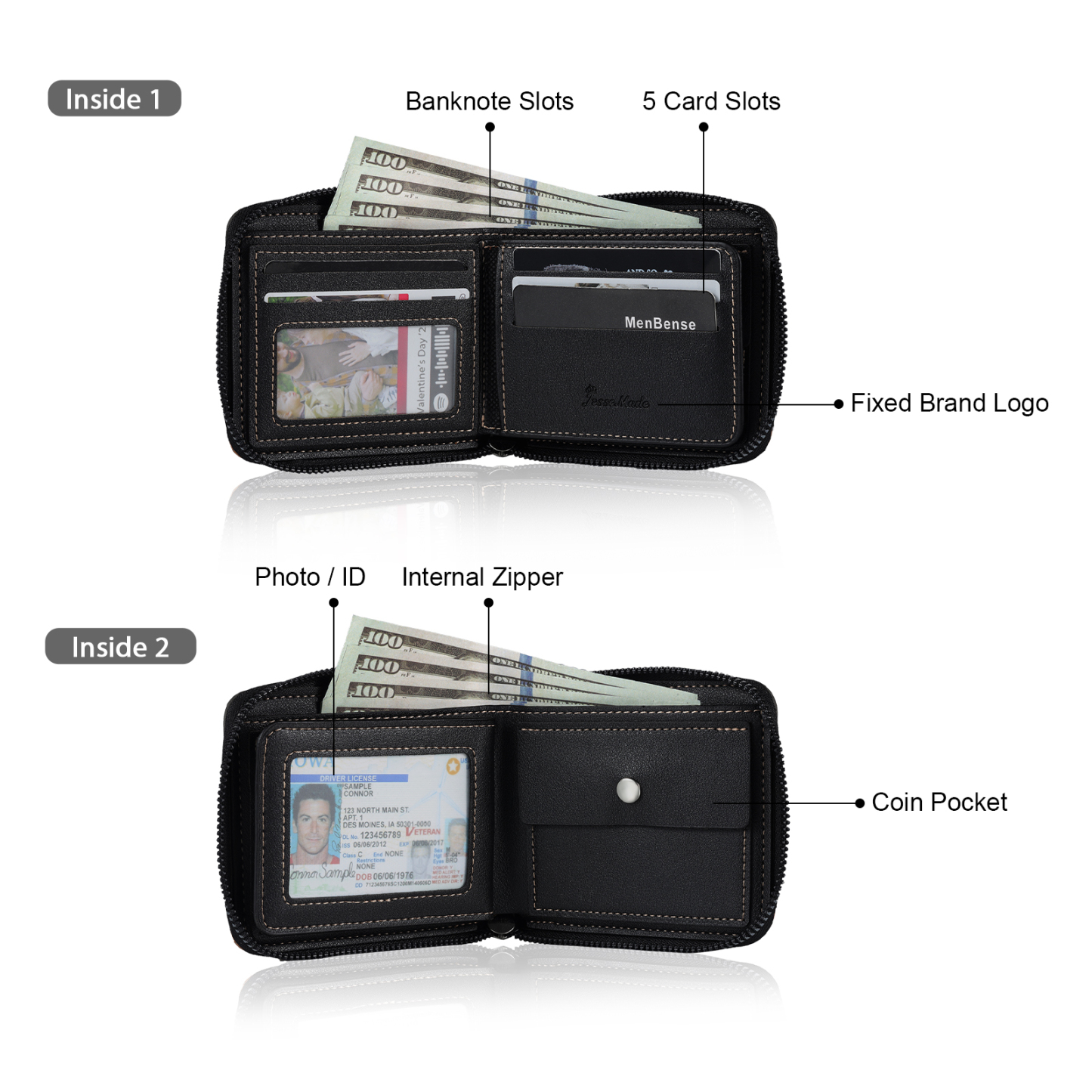 Personalized Photo & Name & Letter Billfold Wallet Monogram Leather Wallet Zipper Wallet Gift for Men