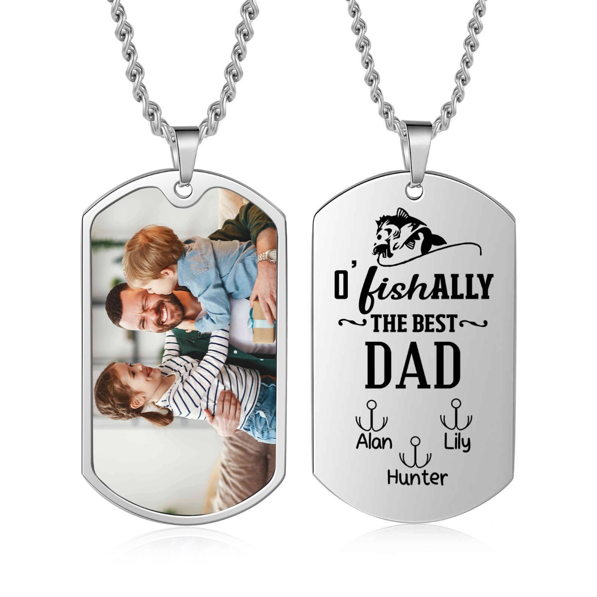 O'Fishally The Best Dad Necklace Custom Photo Dog Tag Necklace with 3 Fishing Hooks