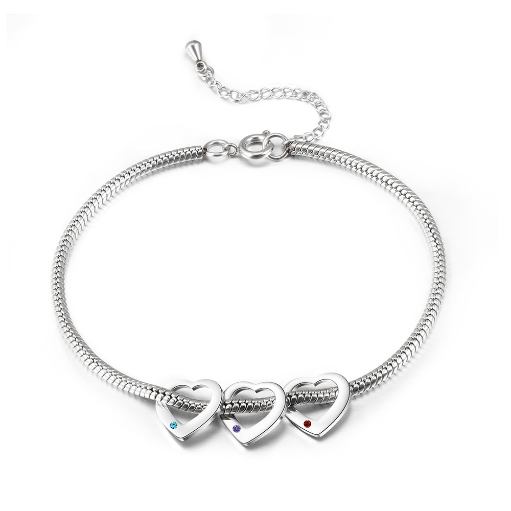 Custom Anklet Engraved 3 Names and Birthstones Heart Shaped Charm Personalized Bracelet for Women