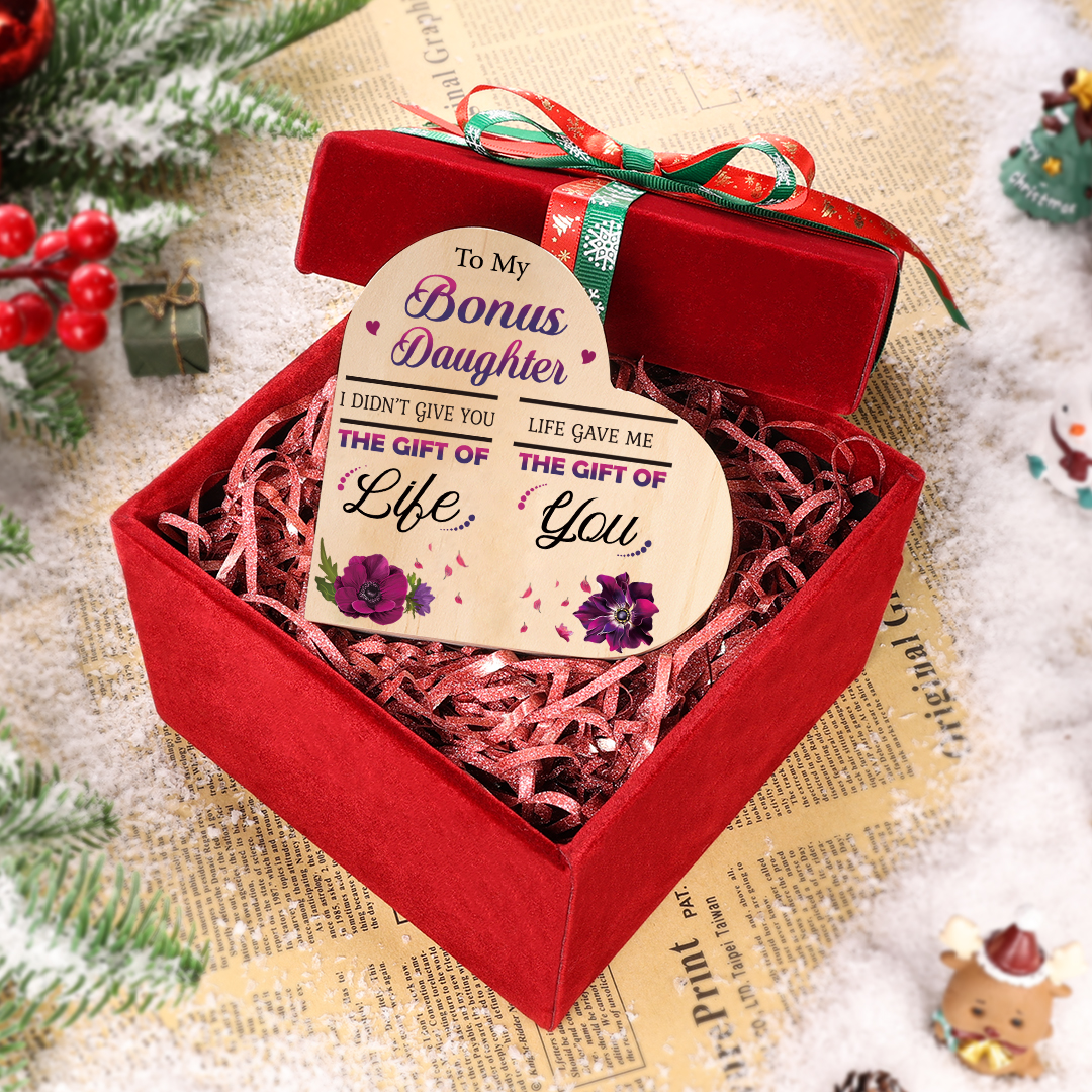 To My Bonus Daughter Violet Flower Heart Candle Holder "Life Gave Me The Gift of You" Wooden Candlestick