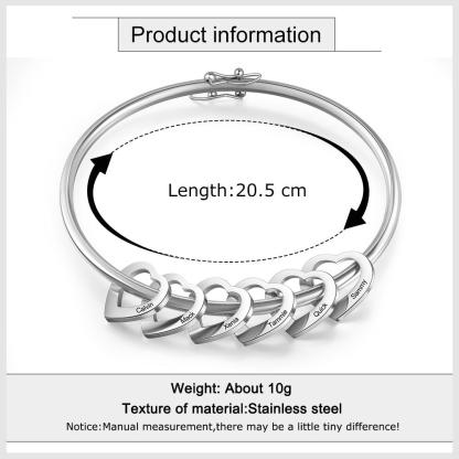 Bangle Bracelet Personalized with 6 Heart Shape Pendant Engraved 6 Names