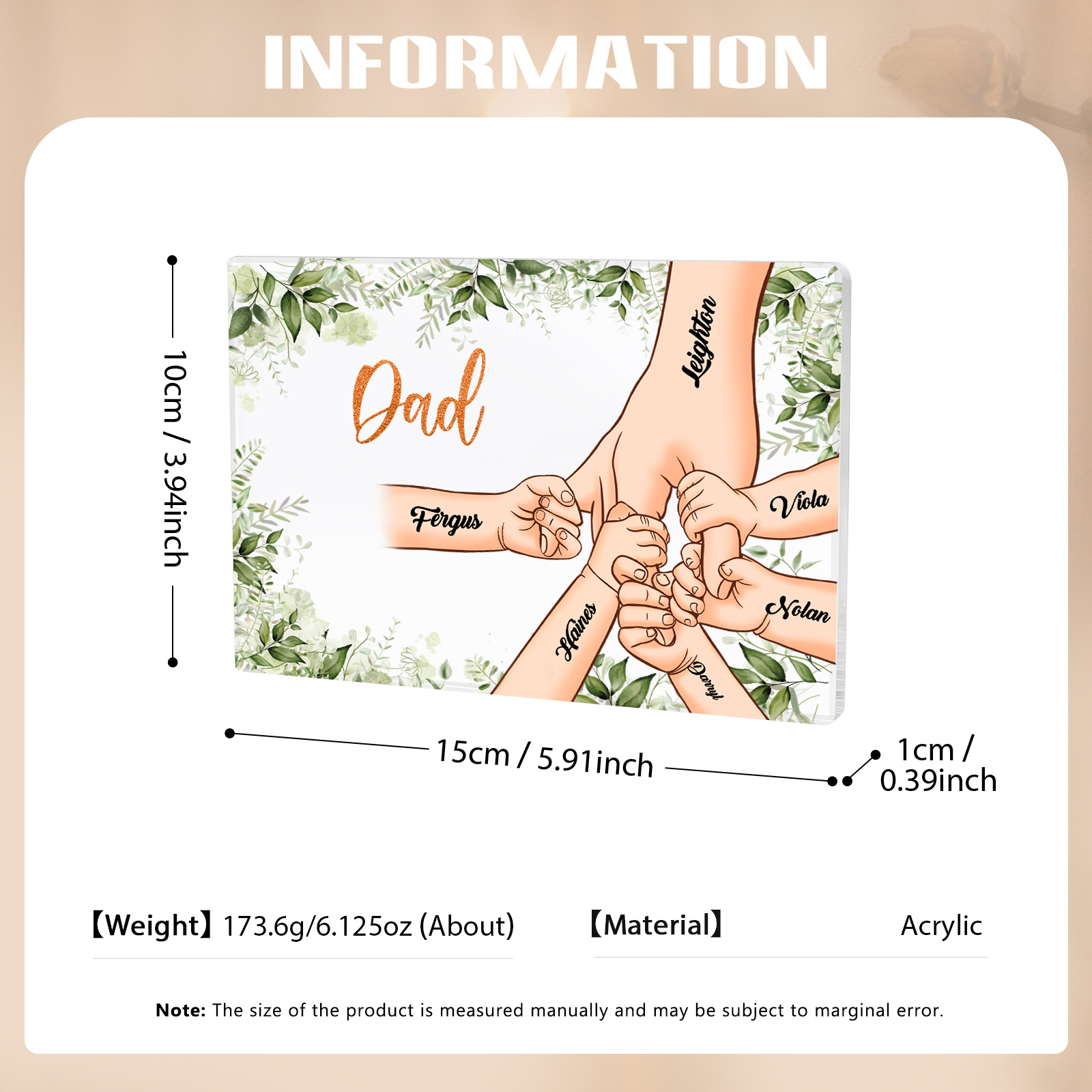 6 Names & 1 Text Personalised Acrylic Plaque for Dad - Custom Holding Hands Style | Lorajewel