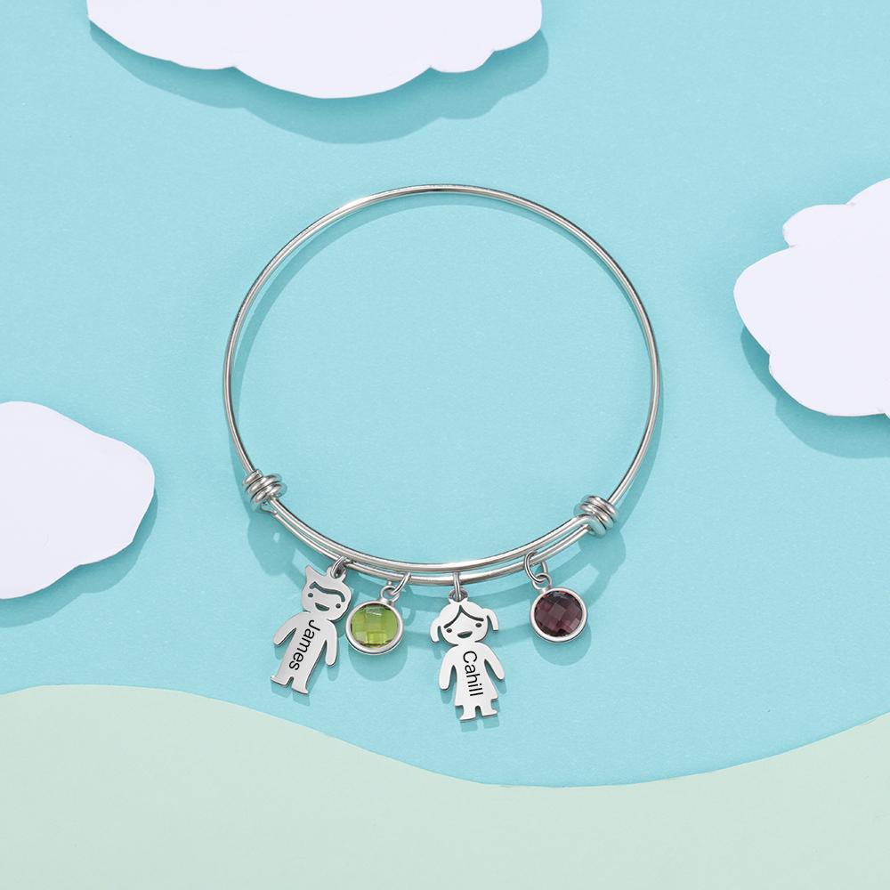 Bangle Bracelet with Kids Charms 2 Birthstone Engraved 2 Names Rose Box Set