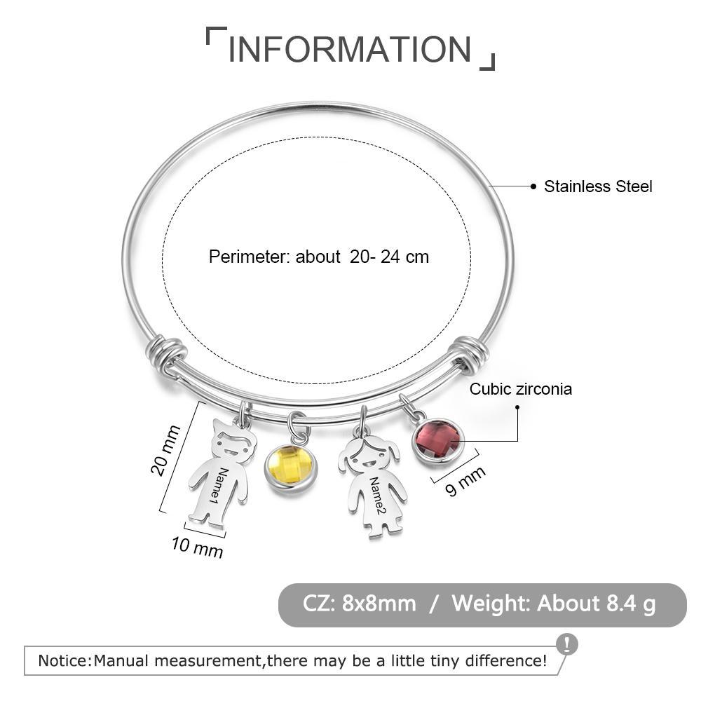 Bangle Bracelet with Kids Charms 2 Birthstone Engraved 2 Names Rose Box Set