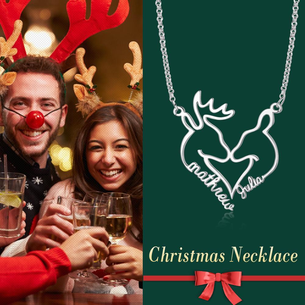 Heart Shape Christmas Deer Name Necklace Personalized 2 Names