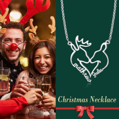 Heart Shape Christmas Deer Name Necklace Personalized 2 Names