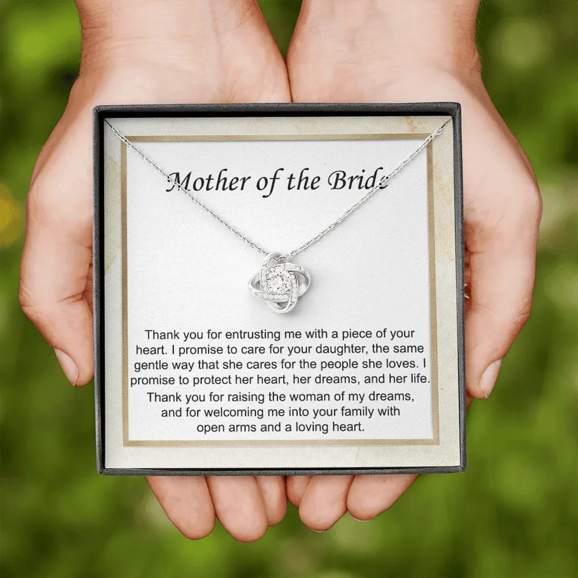 To Mother of Bride - S925 Love Knot Necklace "I Promise To Protect Her Heart" Wedding Gifts From Groom