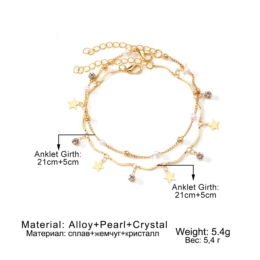 Delicate Double-Layer Star and Pearl Anklet Set Adjustable Gold Chain
