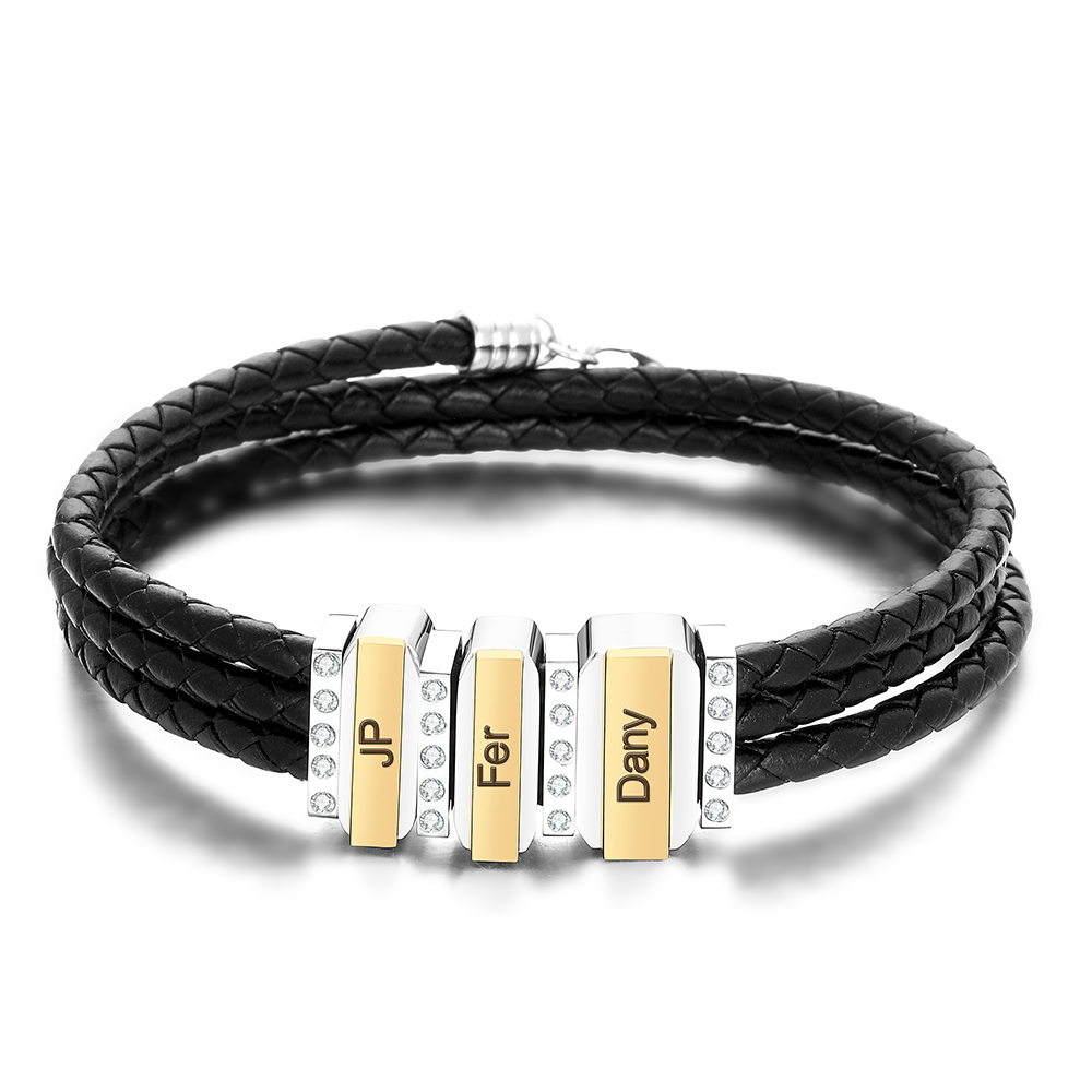 Personalized Mens Leather Bracelet Engraved 3 Names Three Layer Bracelet for Him