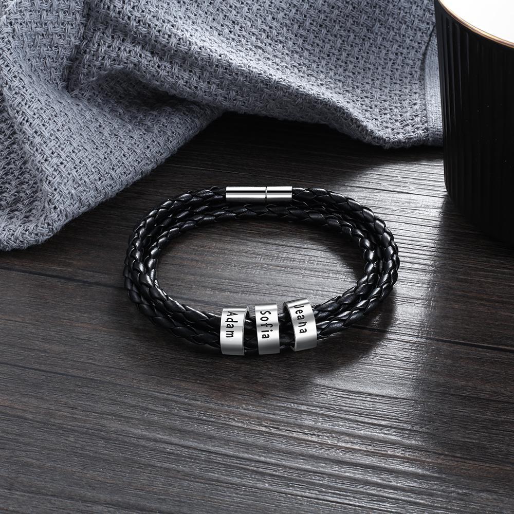 Personalized Mens Leather Braided Bracelet Custom 3 Names Multi-Layer Bracelet Black Gift For Him