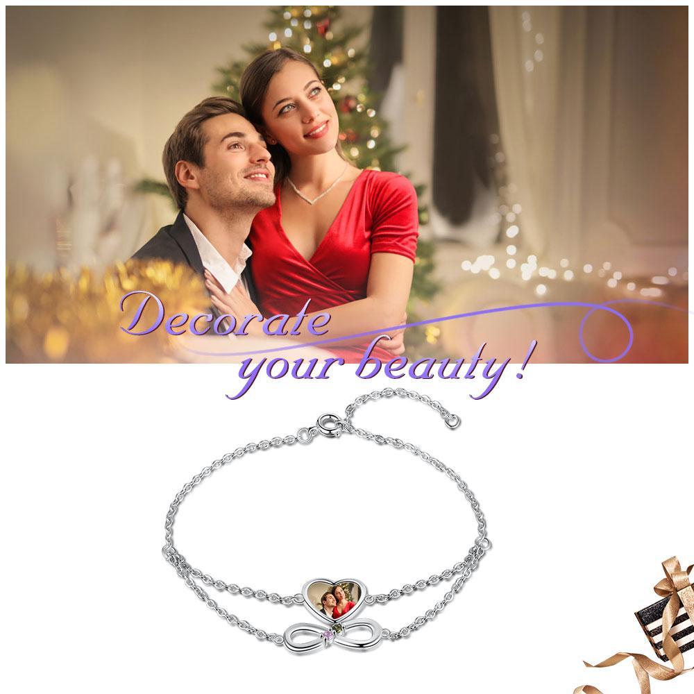 Heart Photo Bracelet Infinity Bracelet with 2 Birthstones Personalized Gift