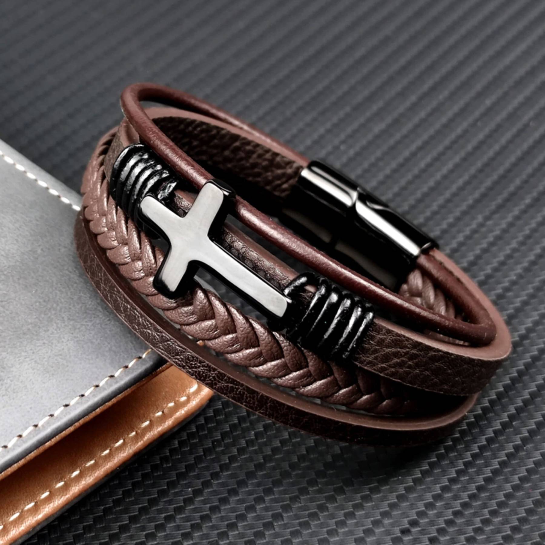 Men Braided Leather Cross Bracelets with Magnetic Clasp Gifts for Him