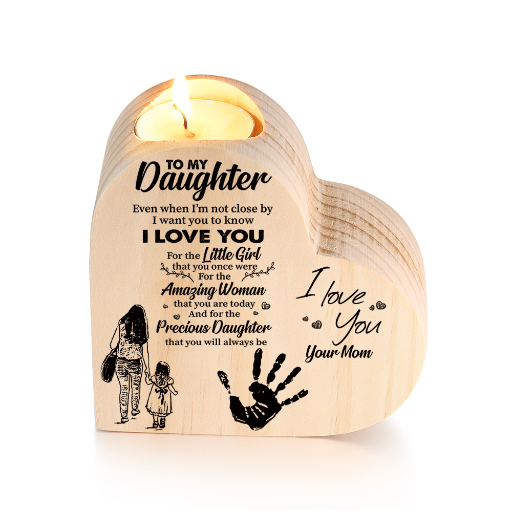 To My Daughter Wooden Heart Candle Holder "I love you"