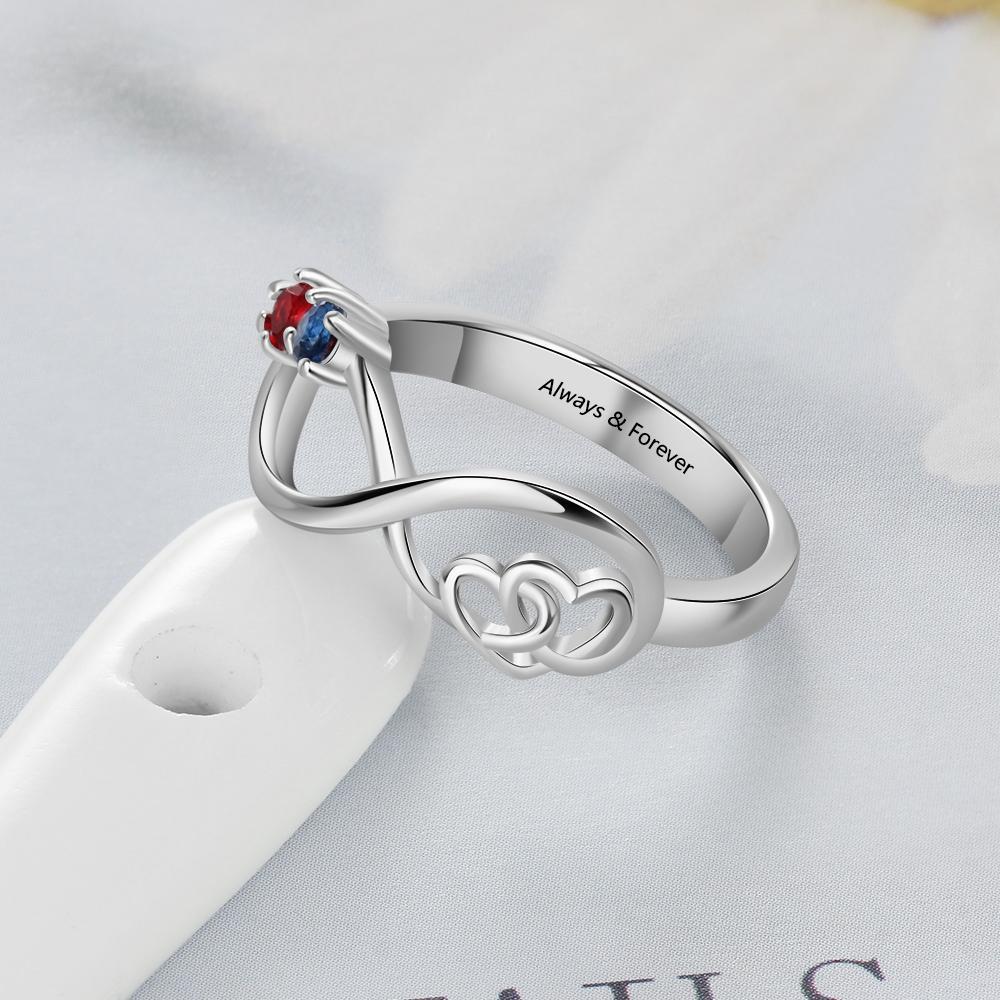 S925 Infinity Ring Double Heart Promise Ring Personalized with 2 Birthstones Engraved Sterling Silver Ring