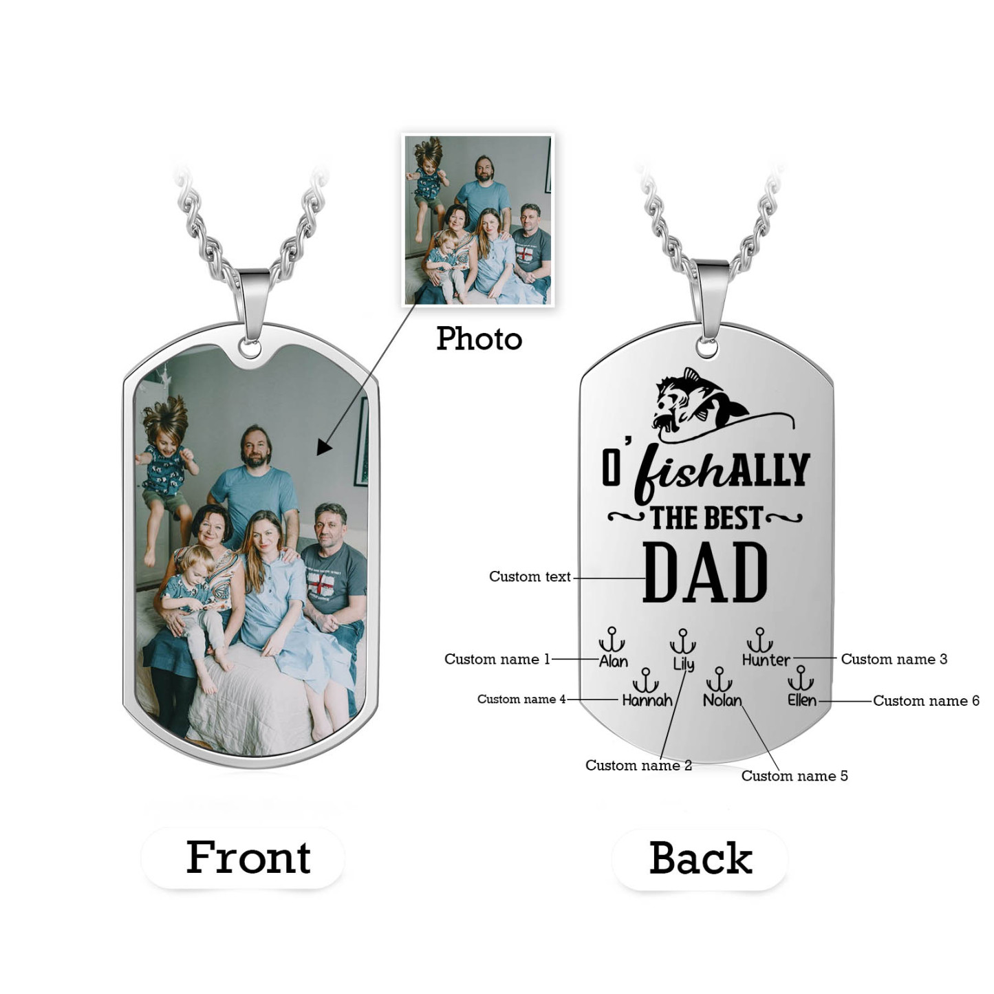 O'Fishally The Best Dad Necklace Custom Photo Dog Tag Necklace with 6 Fishing Hooks