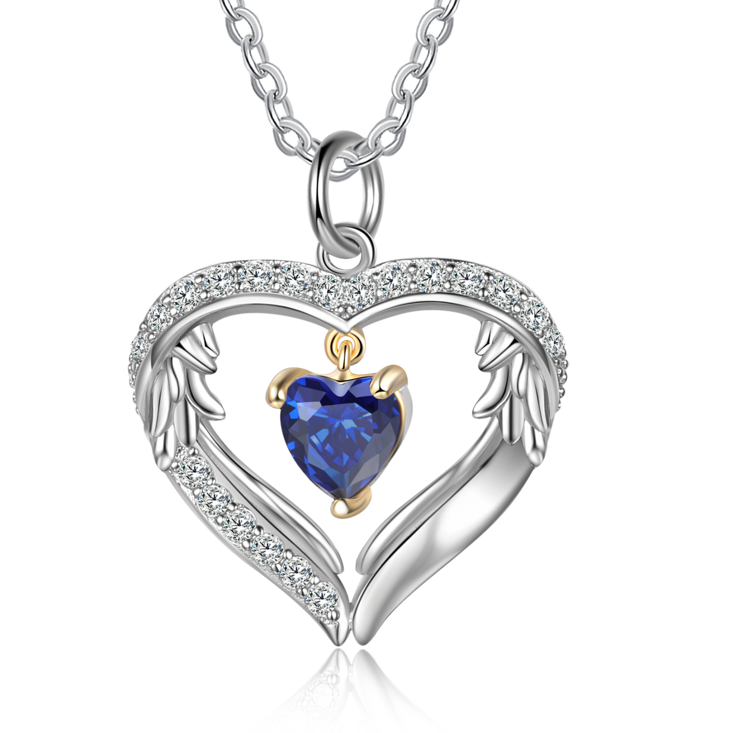 Personalized Diamond Heart Necklace with 1 Birthstone Wings Necklace