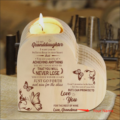 To My Granddaughter Customized Wooden Heart Candle Holder "believe deep in your heart"