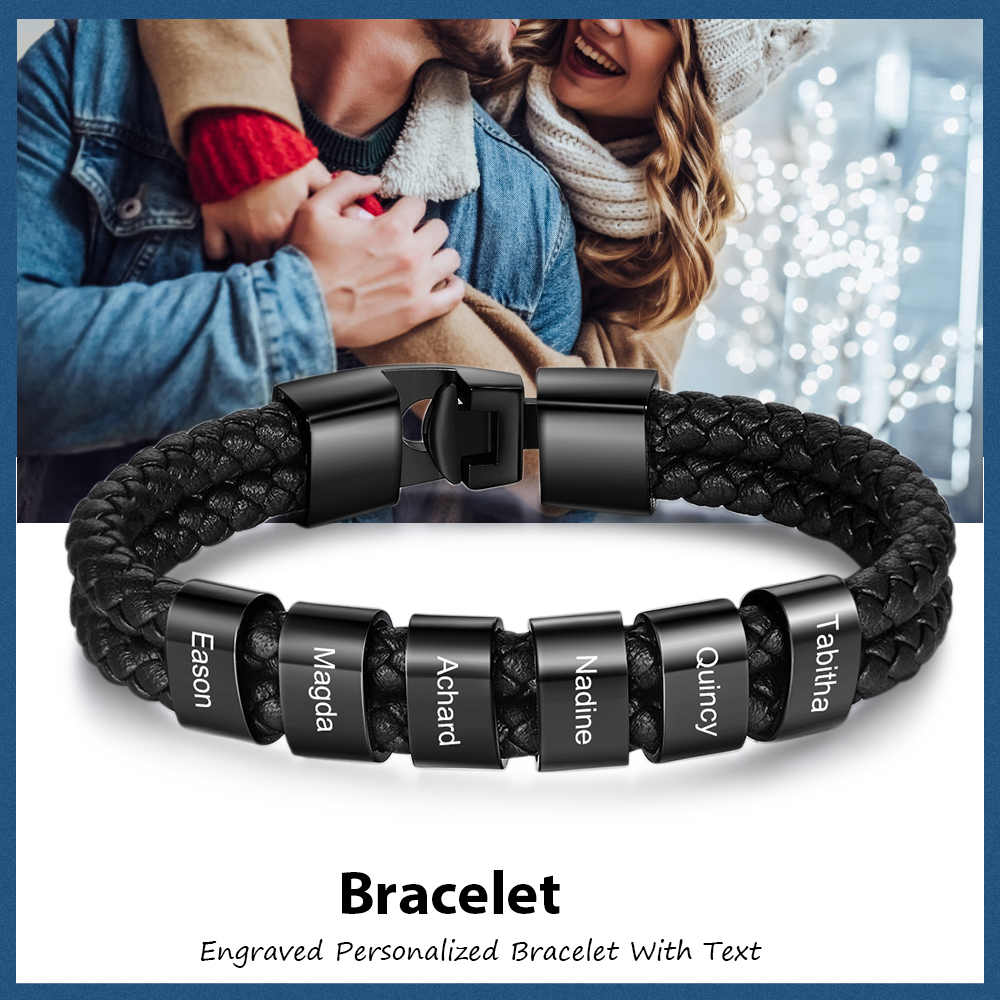 Men Leather Bracelet with 6 Beads Two Layers Custom Bracelet Father Gifts