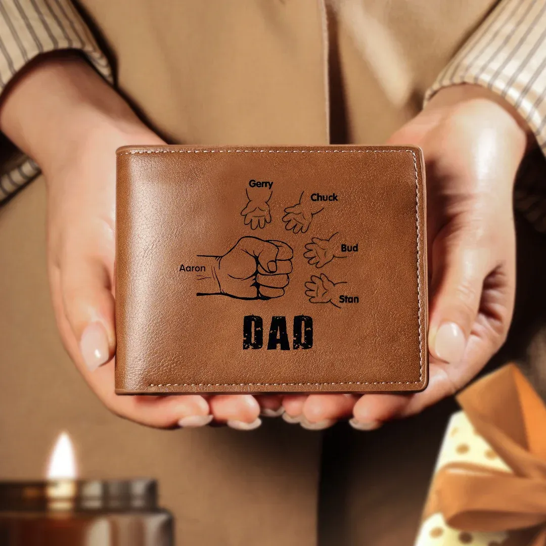 5 Names - Personalized Men Leather Wallet Engraved Names Brown Wallet Fist Bump Folding Wallet Gift For Dad-Lorajewel