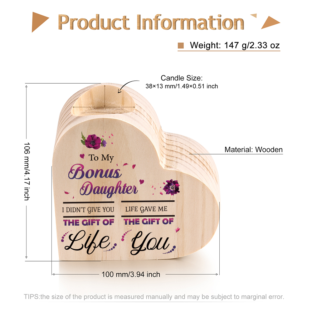 To My Bonus Daughter Violet Flower Heart Candle Holder "Life Gave Me The Gift of You" Wooden Candlestick