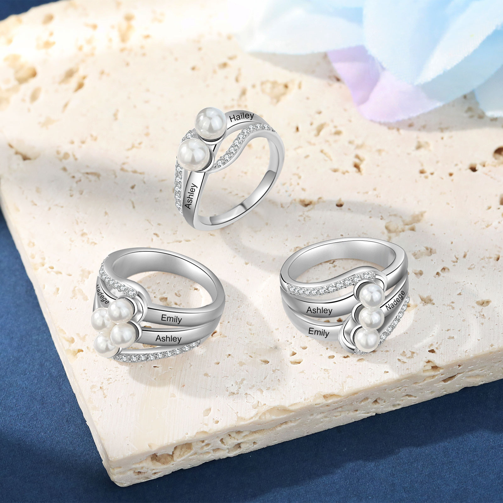 Custom Family Pearl Ring Engrave 3 Names Gifts For Her