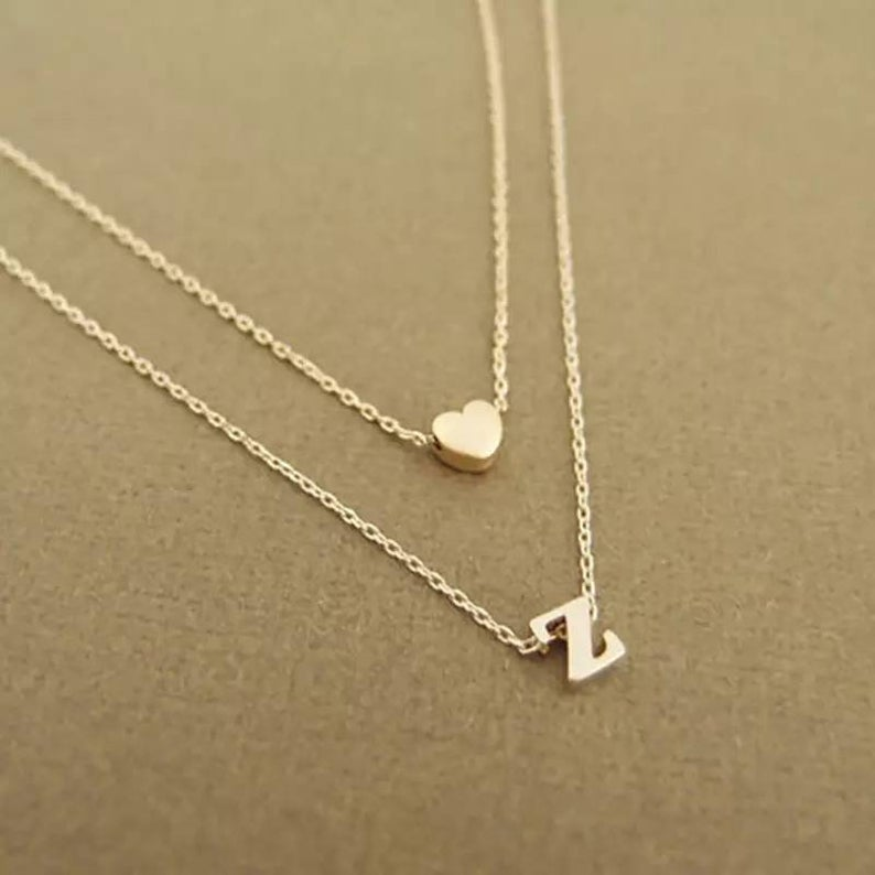 Custom Initial Name Necklace Layered with Heart Charm Necklace