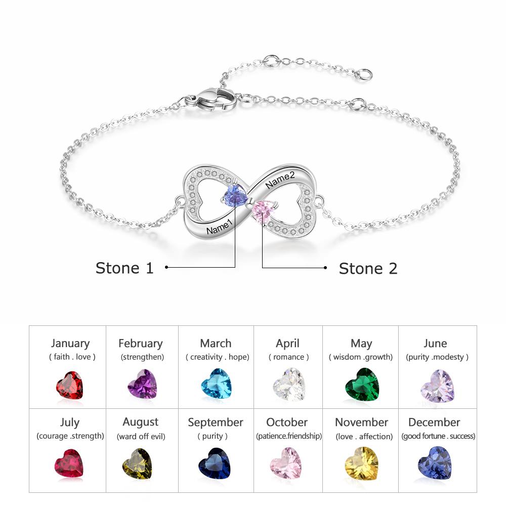 Heart Infinity Bracelet with 2 Birthstones Engraved 2 Names Personalized Gift