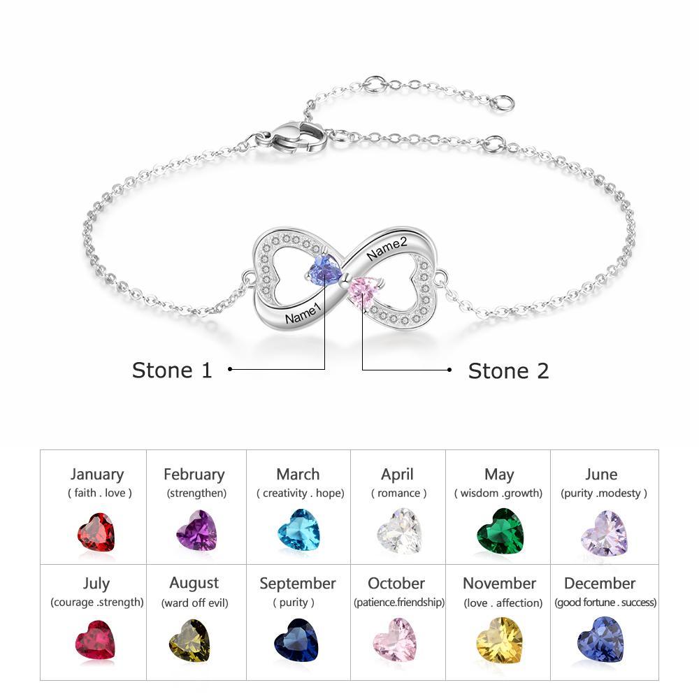 Heart Infinity Bracelet with 2 Birthstones Engraved 2 Names Personalized Gift