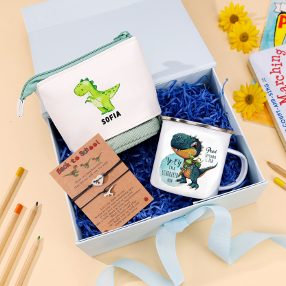 Personalized Date & Name & Dinosaur Pattern Gift Set Custom Enamel Mug & Pencil Case & Bracelets Gift Set Back-to-School Gifts for Kids