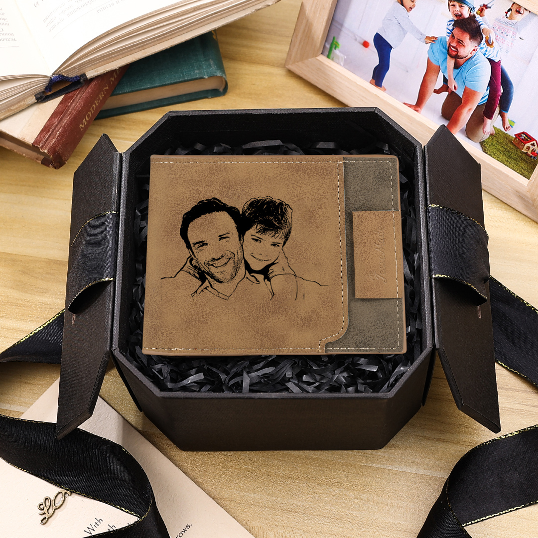 2 Names - Custom Photo & Text & Name Wallet Personalized Men's Leather Folding Wallet Gifts for Dad
