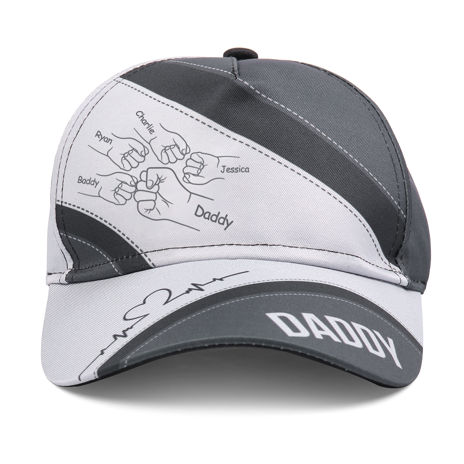 Personalized Fist Bump Classical Baseball Cap Custom 5 Names & 1 Text Snapback Adjustable Gift for Dad/Grandpa/Husband