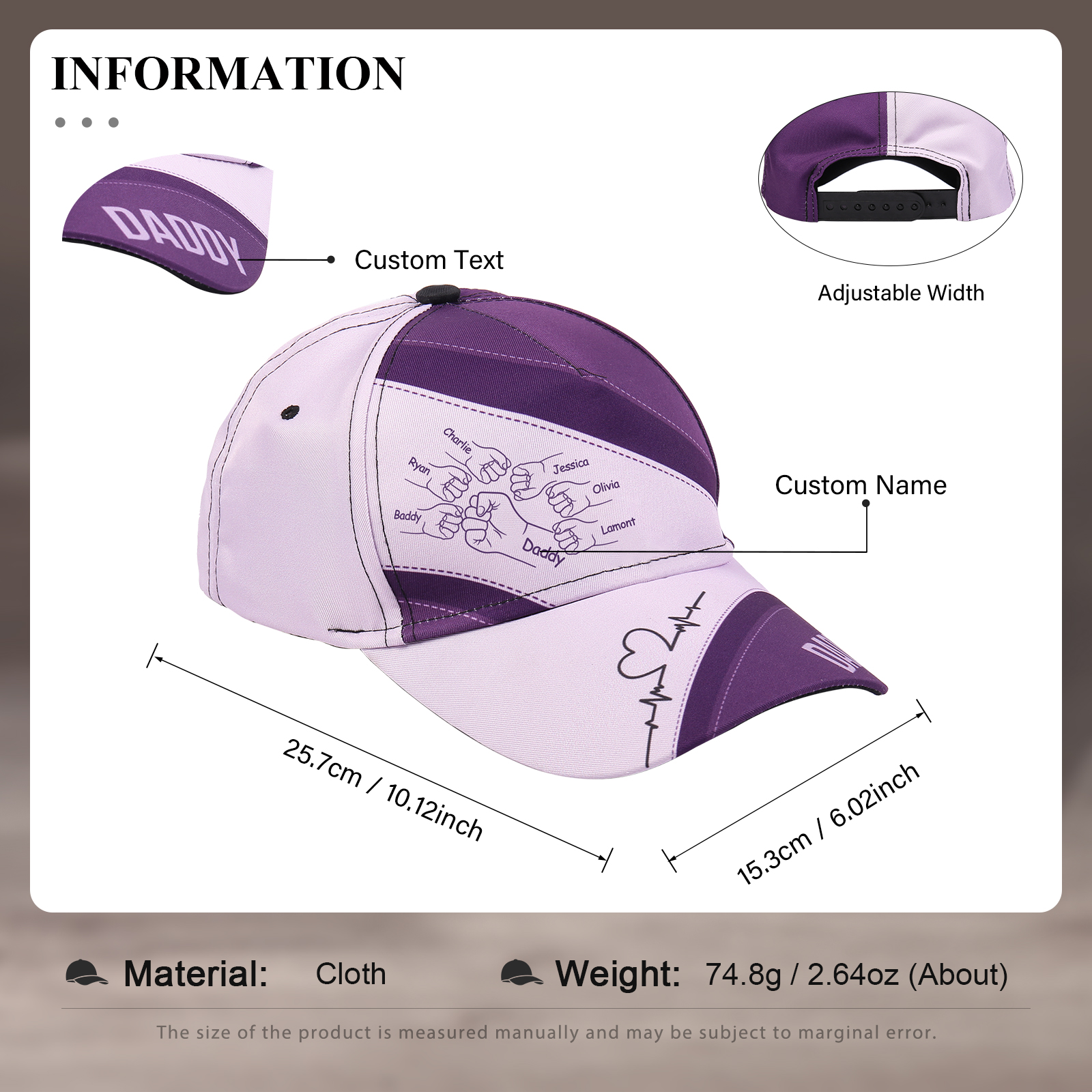 Personalized Fist Bump Classical Baseball Cap Custom 7 Names & 1 Text Snapback Adjustable Gift for Dad/Grandpa/Husband