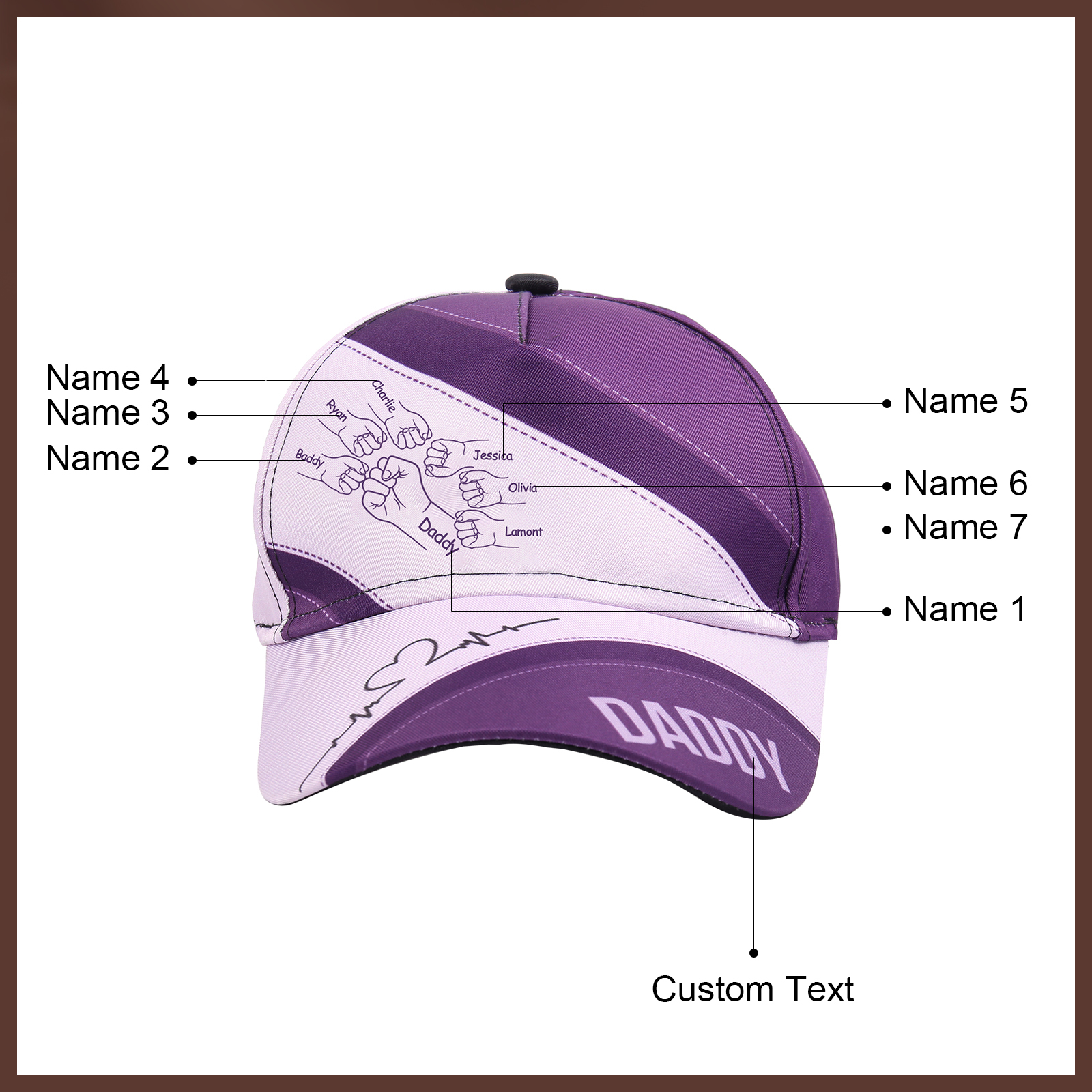 Personalized Fist Bump Classical Baseball Cap Custom 7 Names & 1 Text Snapback Adjustable Gift for Dad/Grandpa/Husband