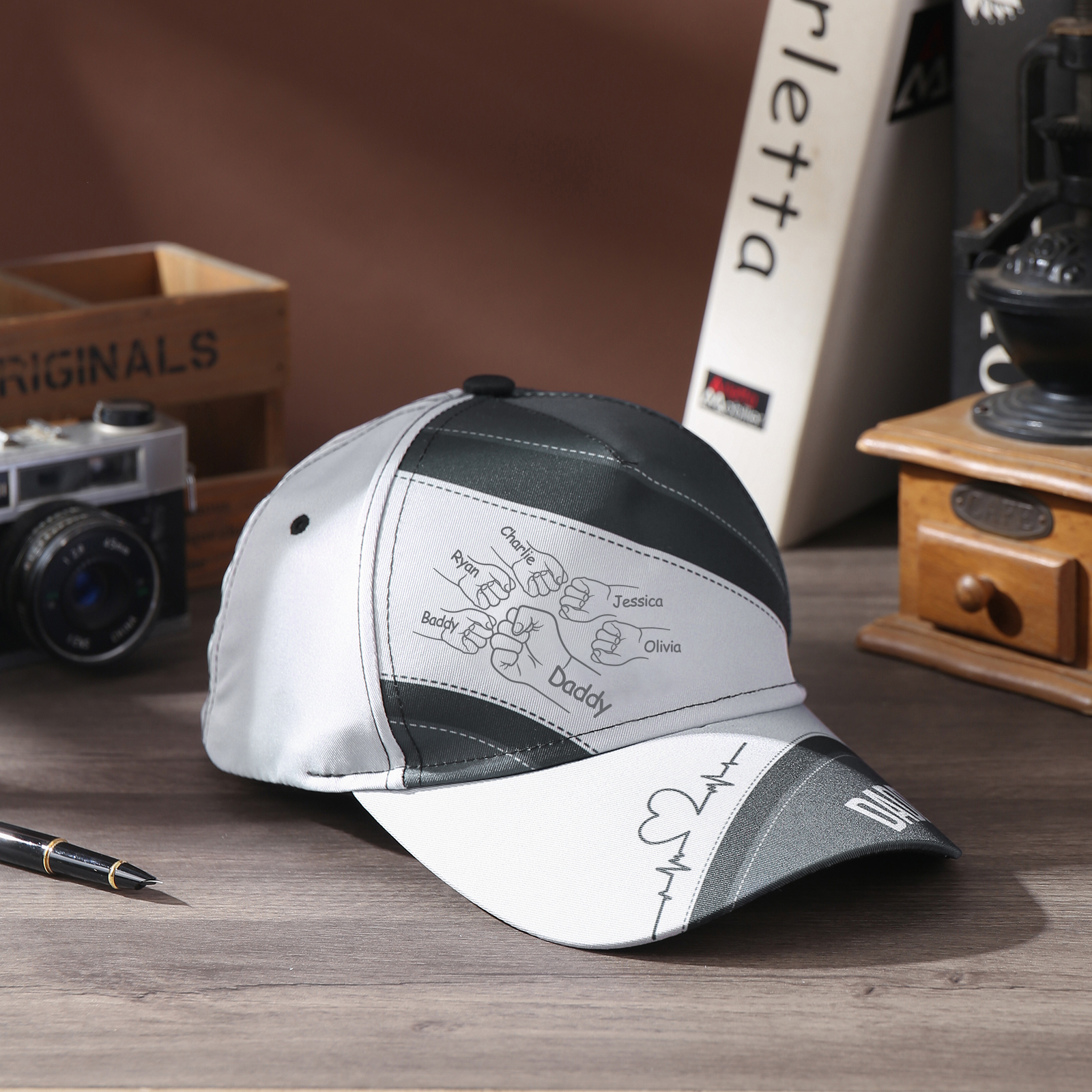 Personalized Fist Bump Classical Baseball Cap Custom 6 Names & 1 Text Snapback Adjustable Gift for Dad/Grandpa/Husband