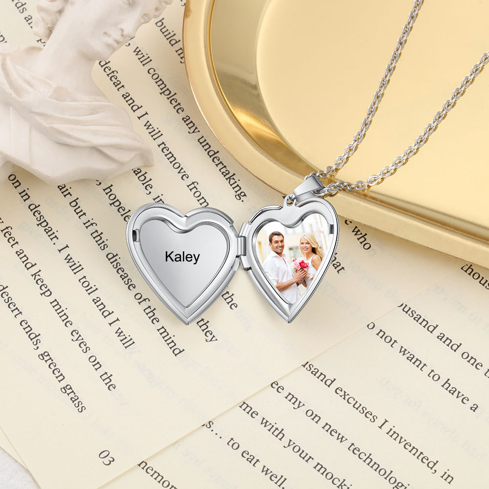 Heart Photo Locket Necklace with Engraving Heart Pendant Personalized Gift for Her