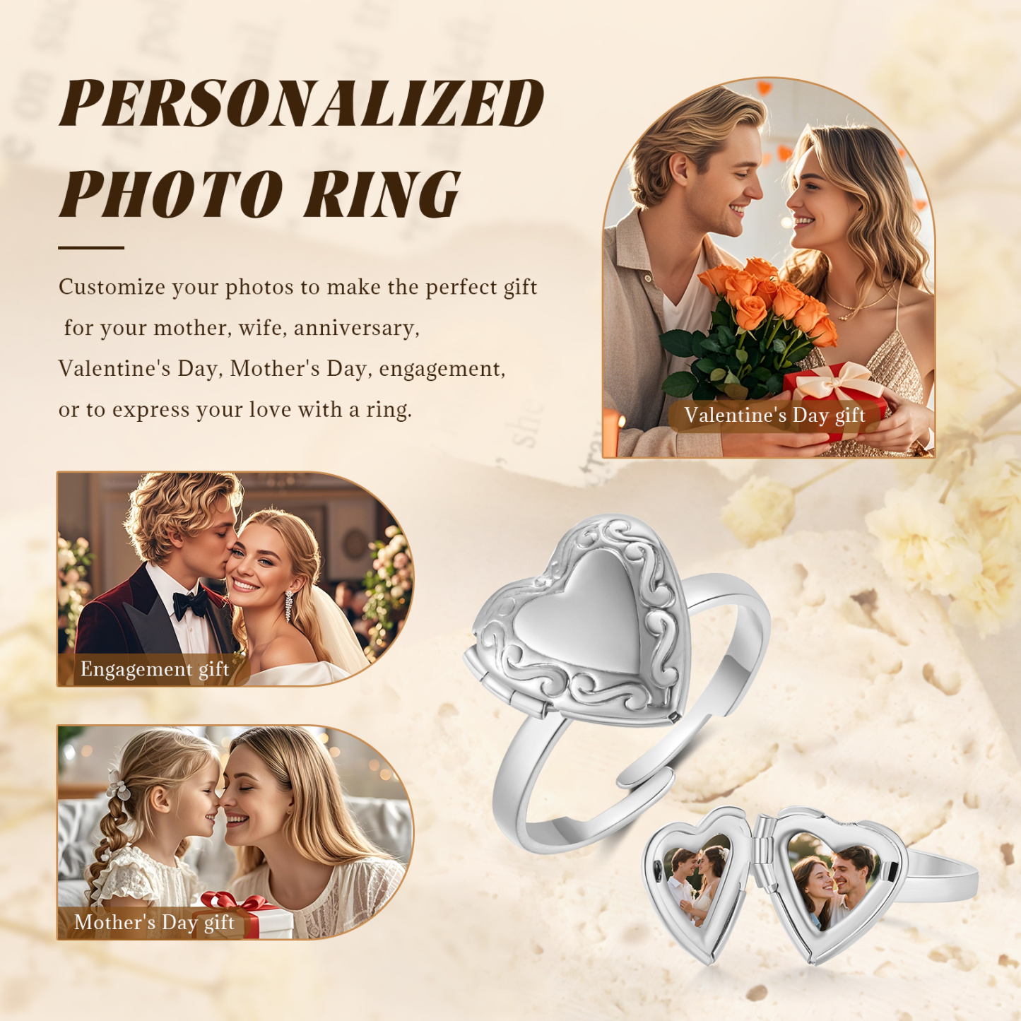 Personalized Adjustable Heart Photo Locket Ring