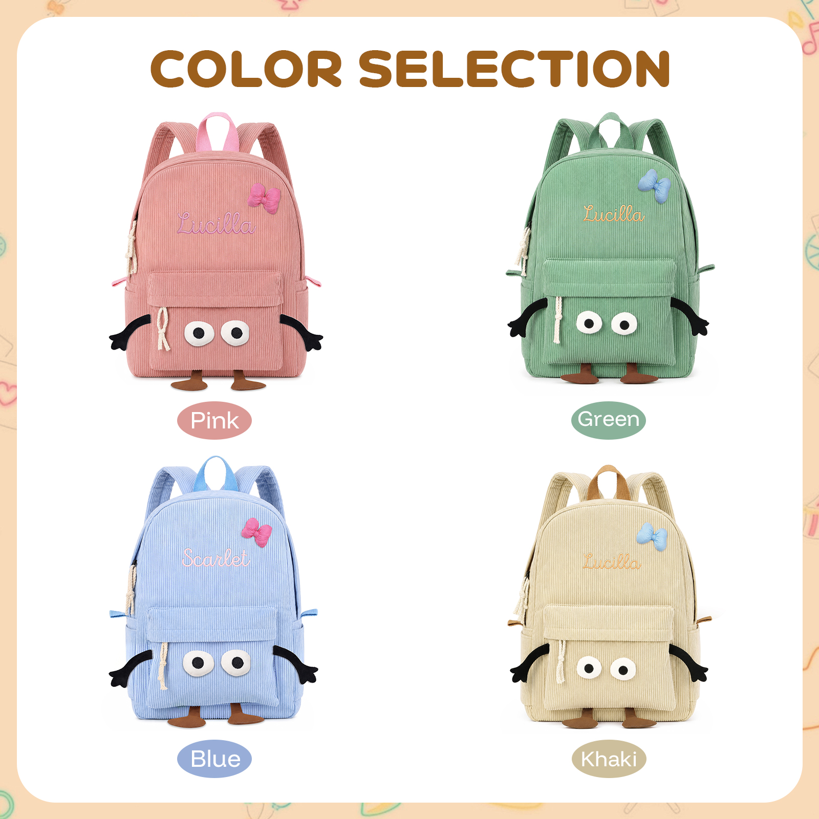 Personalized Corduroy Toddler Backpack with Embroidered Name, Cute Eyes, and Bow School Bag