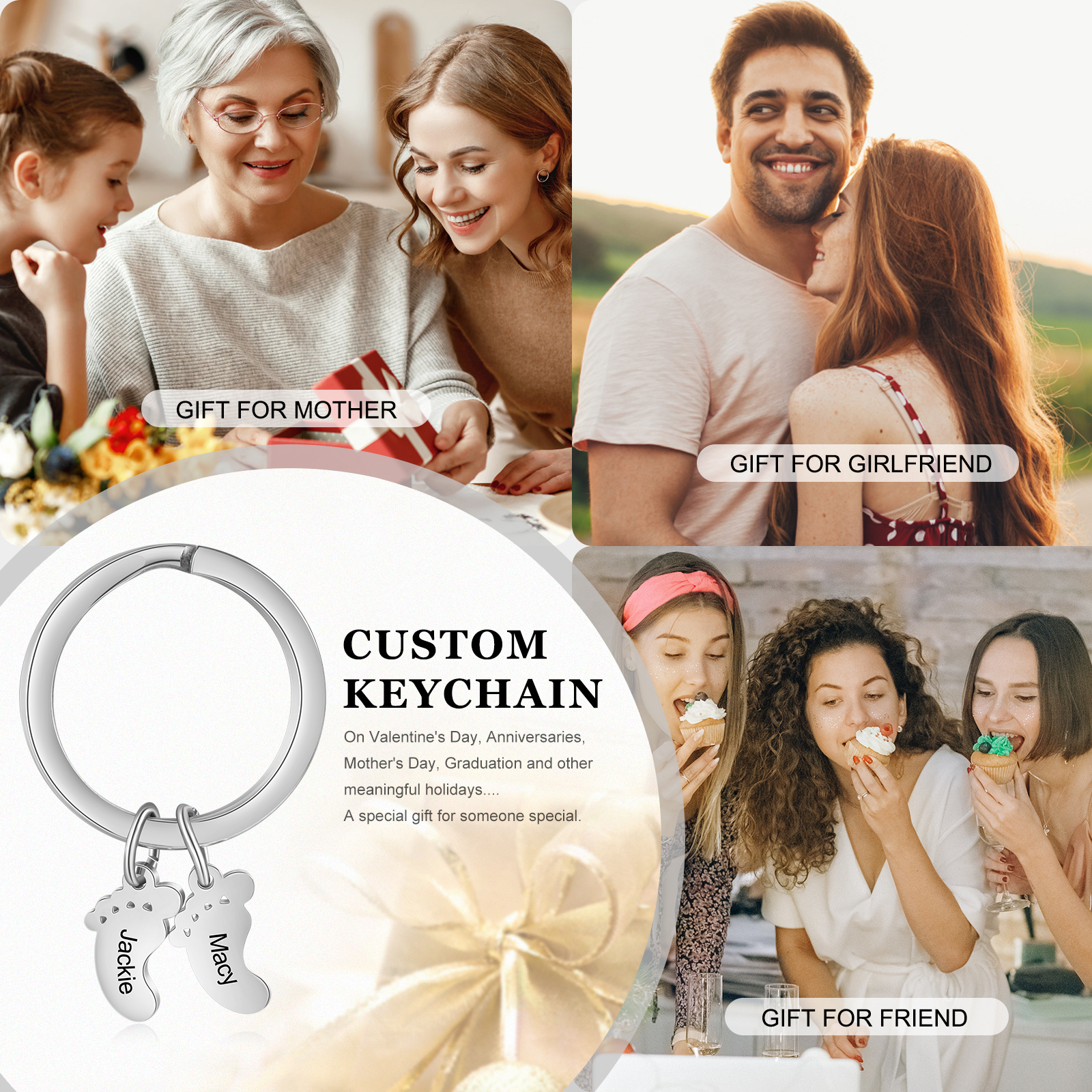 Baby Feet Keychain Personalized 2 Names Keychain Family Gifts