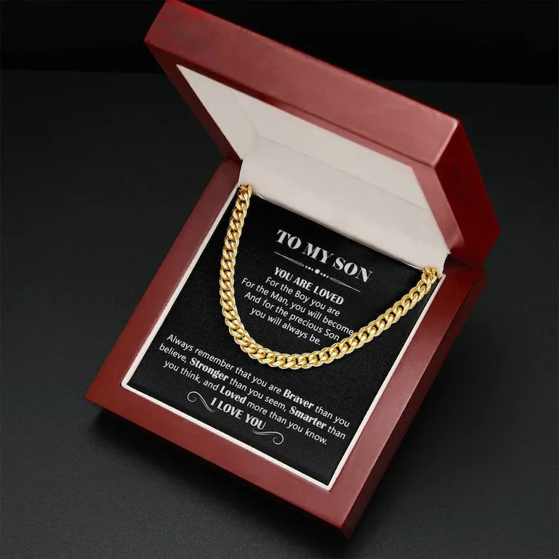 To My Son Cuban Link Chain Necklace Gift Set "Loved More Than You Know"