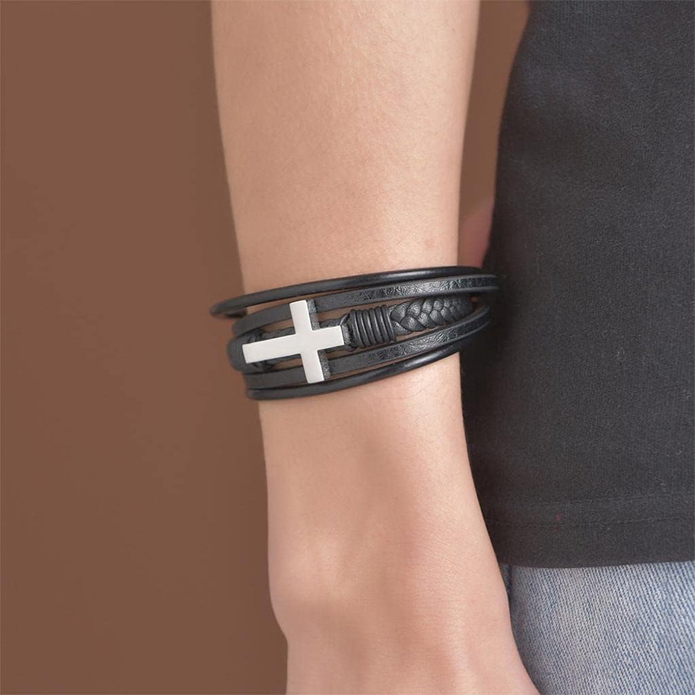 Men's Vintage Bracelets Custom 2 Names Silver Cross Leather Bracelet Gift for Him