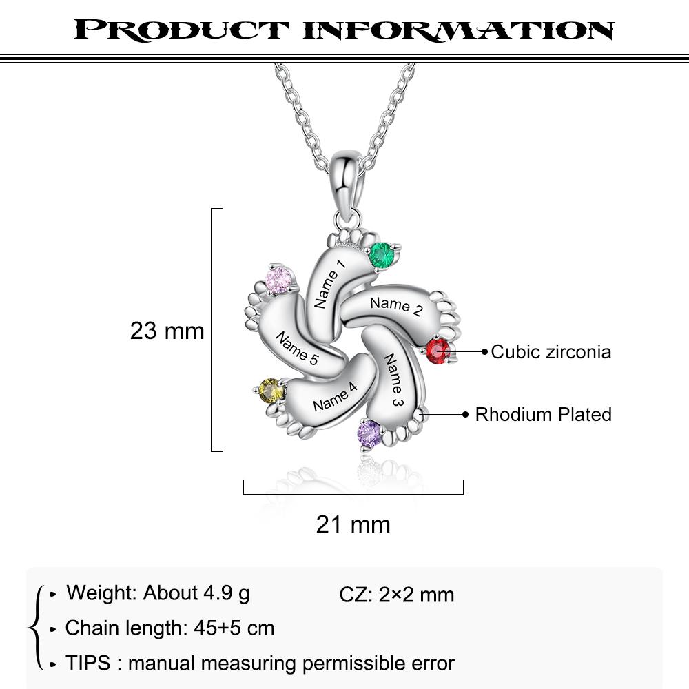 Baby Feet Necklace with 5 Birthstones Engraved 5 Names Family Necklace