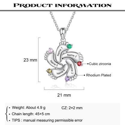 Baby Feet Necklace with 5 Birthstones Engraved 5 Names Family Necklace