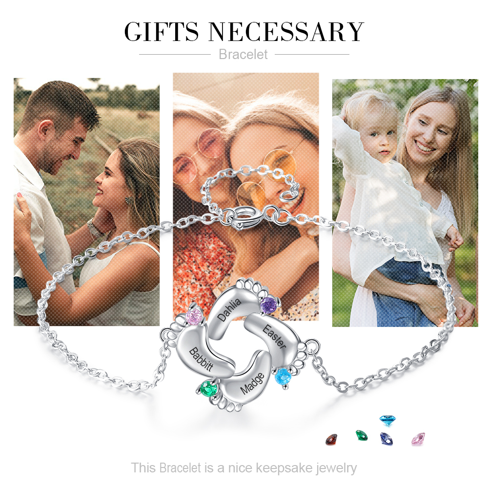 Baby Feet Pendant Bracelet with 4 Birthstones Engraved 4 Names