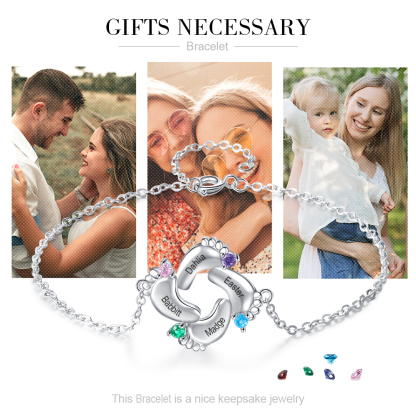 Baby Feet Pendant Bracelet with 4 Birthstones Engraved 4 Names