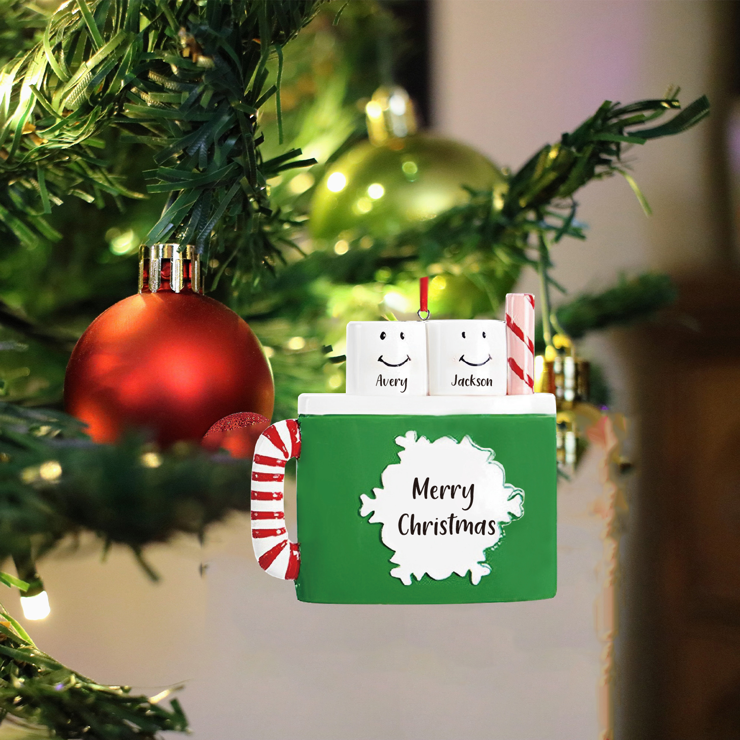 2 Names - Personalized Xmas Ornament Custom Name & Text Christmas Tree Wooden Decor Gift for Family Friends