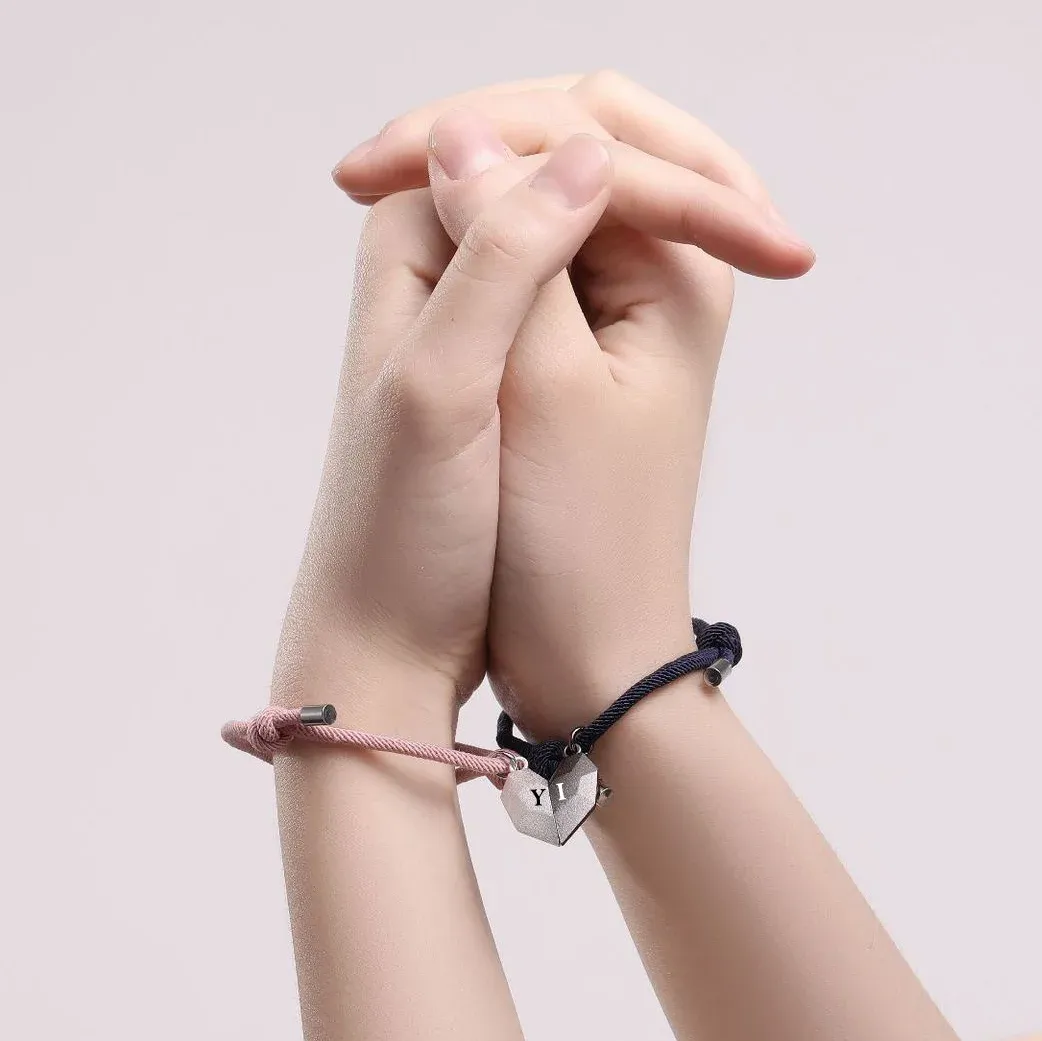 Personalized Two Souls One Heart Bracelet Custom 2 Letters Magnetic Bracelet Set for Couple
