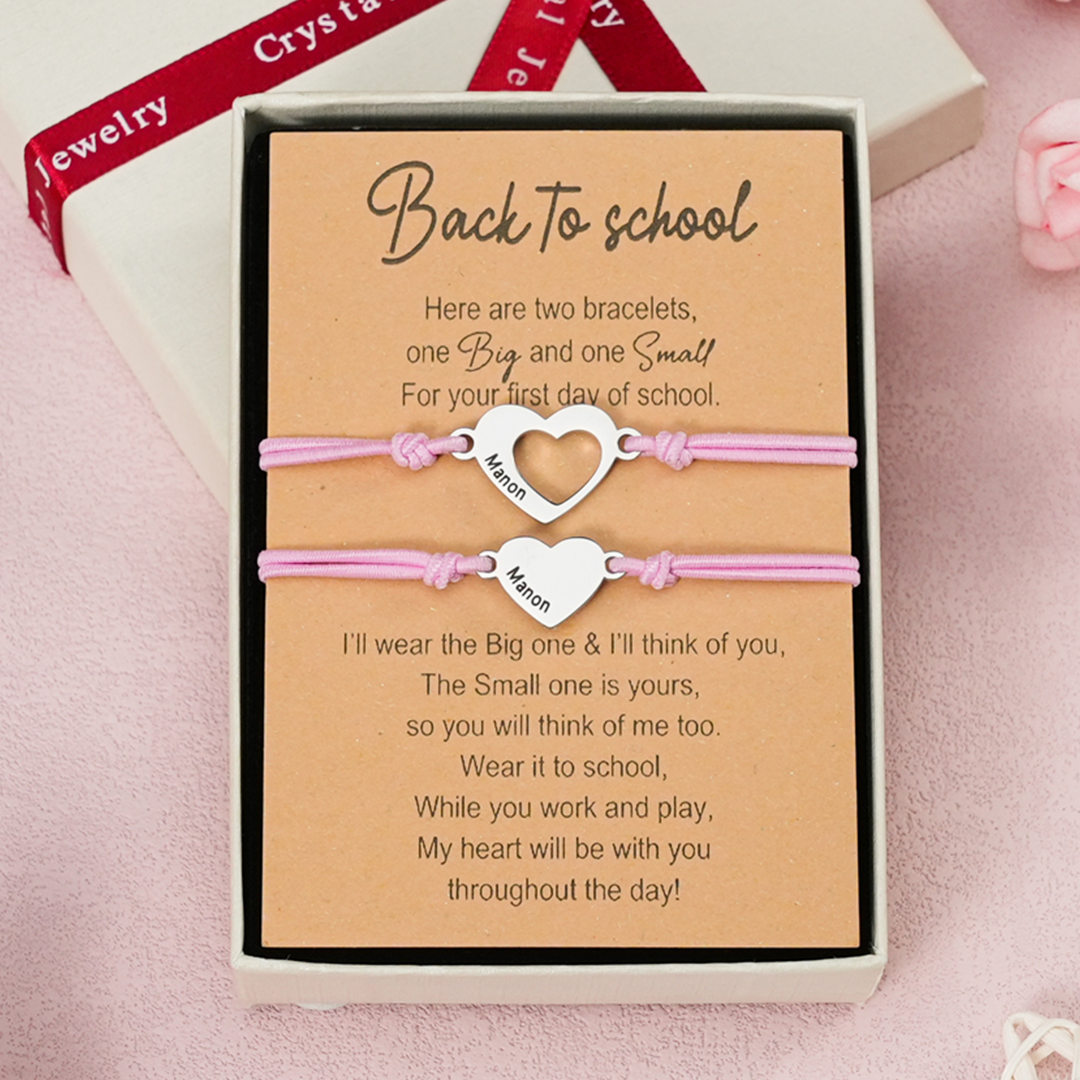 2 Pcs Heart Bracelet Set Custom 2 Names Adjustable Bracelets Back to School Gifts for Daughter Granddaughter