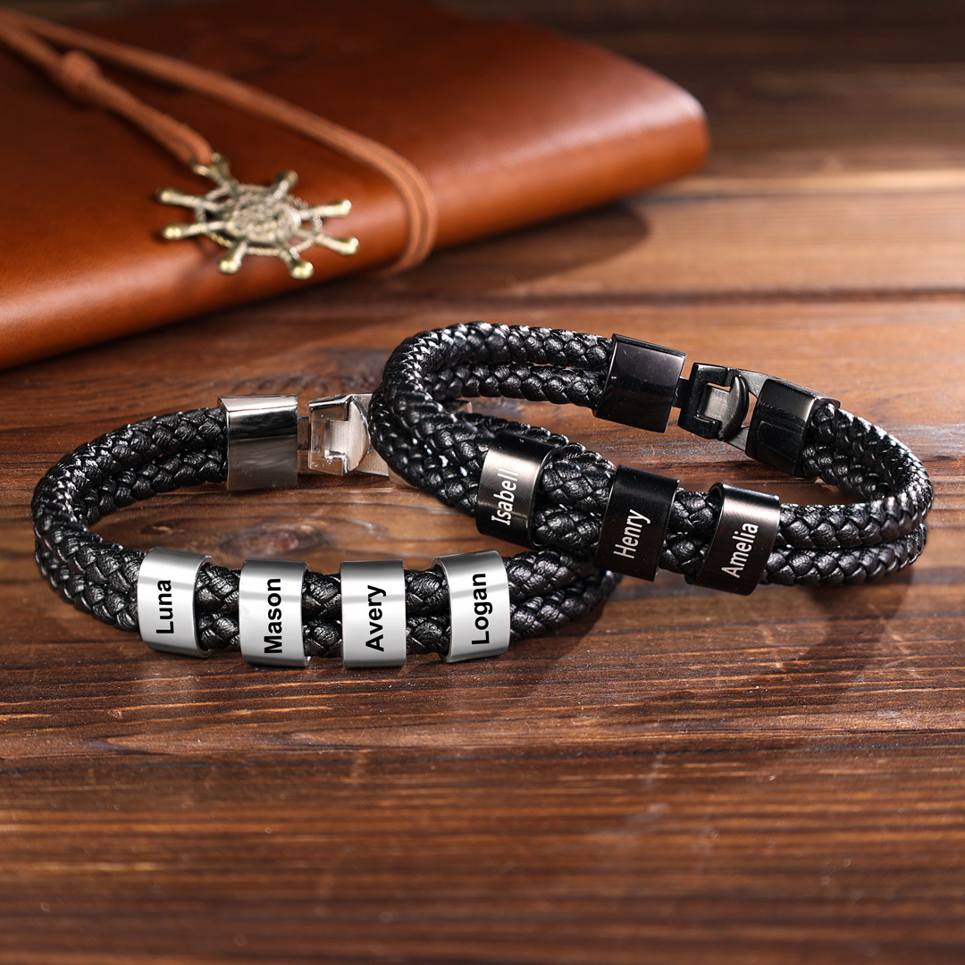 5 Names-Personalized Braided Leather Bracelet Engraved Men's Bracelet for Him