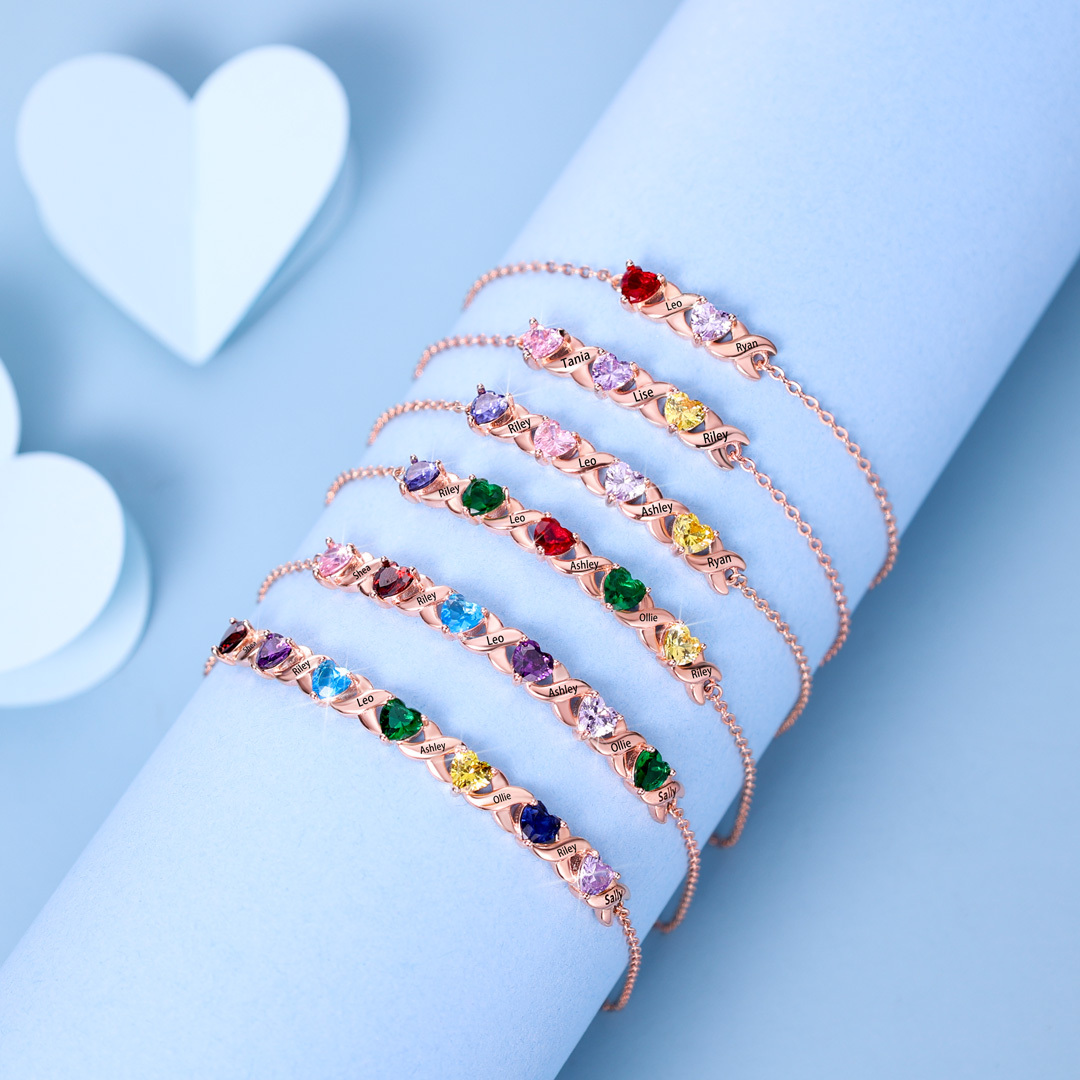 Family Custom Bracelet Heart Personalized with 5 Birthstones