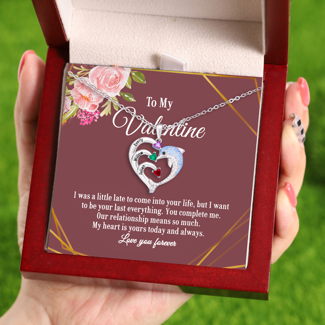 To My Valentine Personalized Heart Dolphin Necklace Custom 2 Birthstones Necklace for Her
